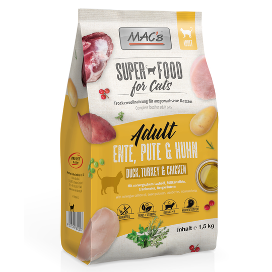 Blandat provpack: 3 x 1,5 kg MAC's Cat Adult - Blandpack: 3 x 1,5 kg