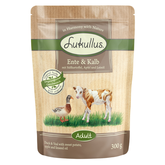 Ekonomipack: Lukullus portionspåsar 48 x 300 g - Spannmålsfritt Anka & kalv (spannmålsfritt)