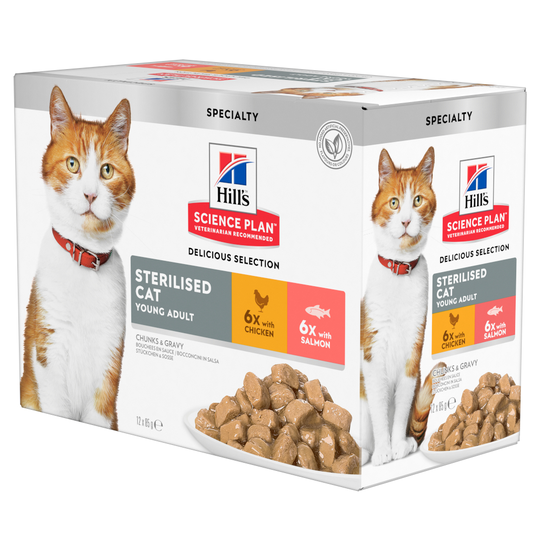 24 x 85 g Hill's Science Plan kattmat till kanonpris! - Young Adult Sterilised: Chicken & Salmon