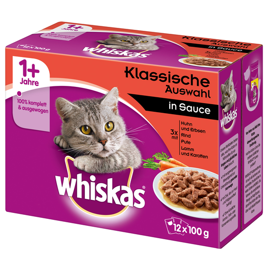 Whiskas 1+ portionspåsar 12 x 100 g - 1+ Klassiskt urval i sås