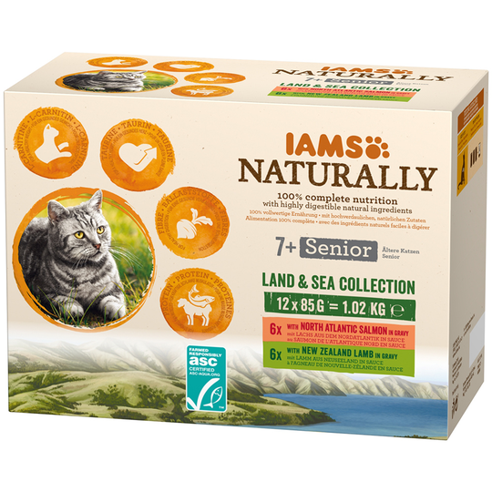 36 + 12 på köpet! 48 x 85 g IAMS Senior kattmat - Naturally Senior