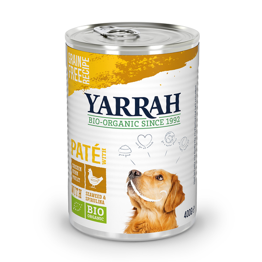 Ekonomipack: Yarrah Organic 12 x 400 g /405 g - Paté: eko-kyckling med eko-havsalger & eko-spirulina (12 x 400 g)