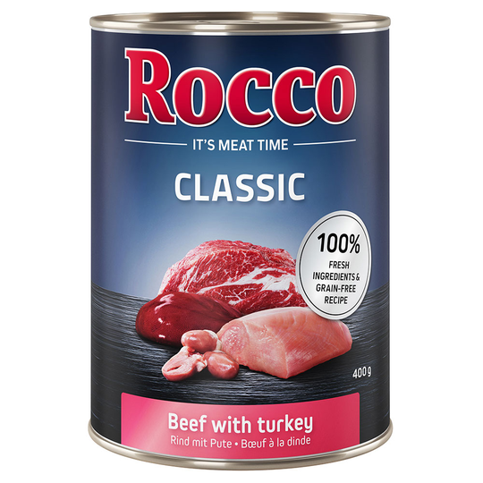 Ekonomipack: Rocco Classic 24 x 400 g hundfoder - Nötkött & kalkon