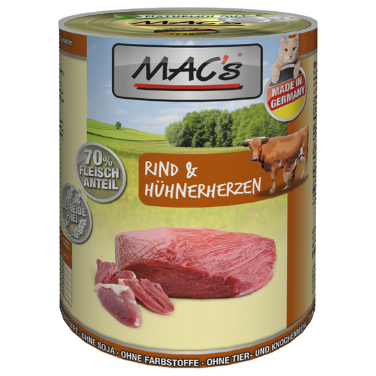 Ekonomipack: MAC's Cat kattfoder 12 x 400 g - Nötkött & kycklinghjärtan