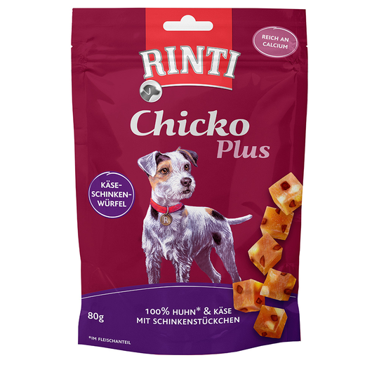 RINTI Chicko Plus ost- och skinktärningar - Ekonomipack: 12 x 80 g