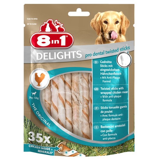 8in1 hundgodis till sparpris! - Delights Pro Dental Twisted Sticks kyckling 190 g (35 st)