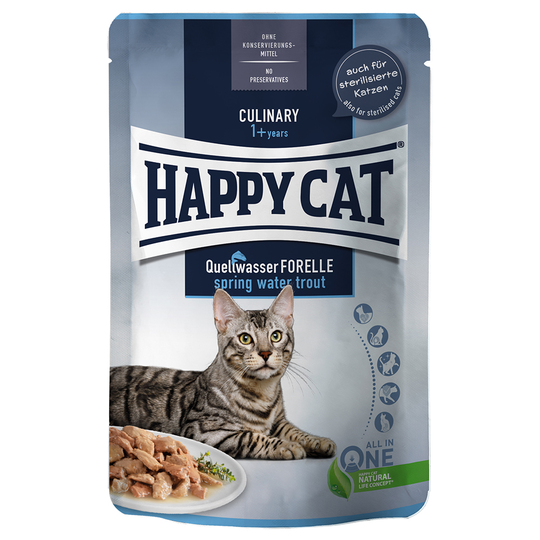 Ekonomipack: Happy Cat Pouch Meat in Sauce 24 x 85 g - Spring Water Trout - öring