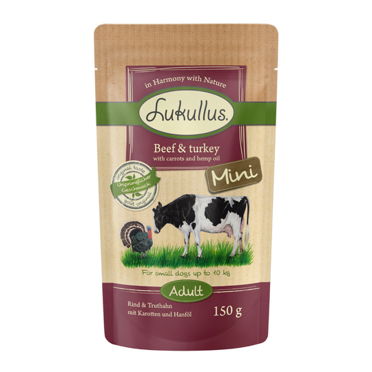 Lukullus Naturkost Adult Mini Grain Free 6 x 150 g - Nötkött & kalkon