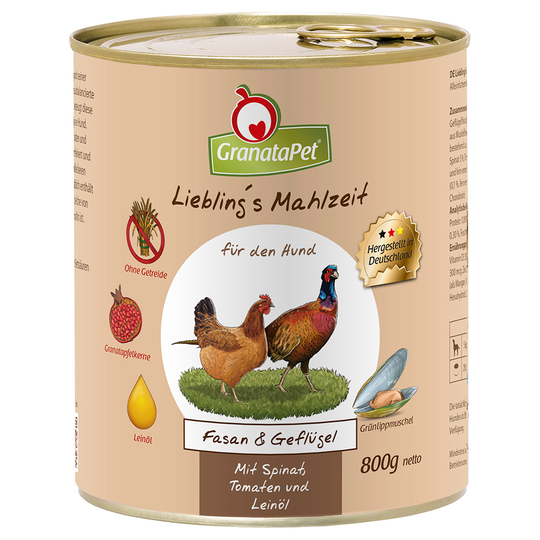 Ekonomipack: GranataPet Liebling's Mahlzeit 24 x 800 g - Fasan & fjäderfä med spenat, tomater och linolja