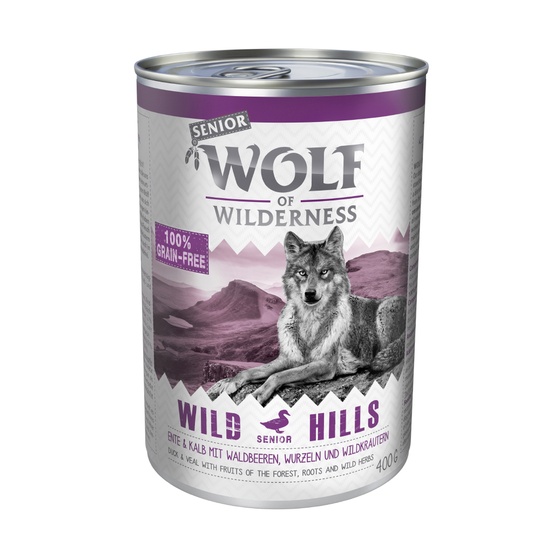 Ekonomipack: Wolf of Wilderness Senior 12 x 400 g - Wild Hills - Duck & Veal