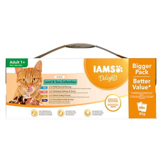 104 + 40 på köpet! 144 x 85 g IAMS Delights - Land & Sea i gelé