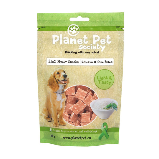 Planet Pet Society 2in1 Treats Kyckling & Risbitar (80 gram)