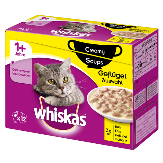 Ekonomipack: Whiskas 1+ portionspåse 48 x 85 g / 100 g - 1+ Creamy Soups Fjäderfävarianter 85 g