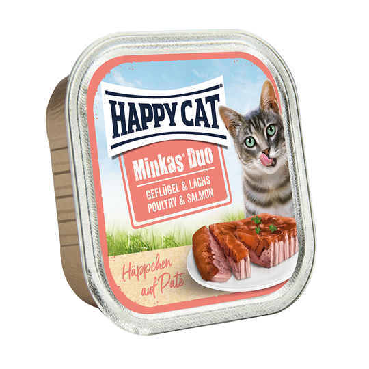 Ekonomipack: Happy Cat Minkas Duo - Bitar med paté 24 x 100 - Fjäderfä & lax