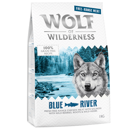 2 + 1 på köpet! 3 x 1 kg Wolf of Wilderness - Adult Blue River - Free Range Chicken & Salmon