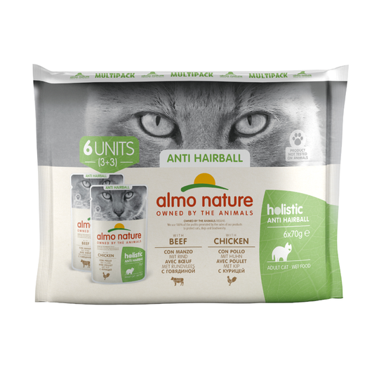 Almo Nature Holistic Anti Hairball portionspåse - Blandpack: 3 x med kyckling och 3 x med nötkött