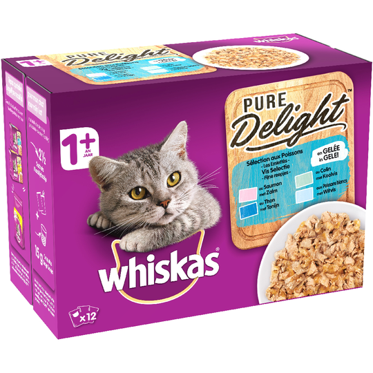 Multipack Whiskas 1+ Adult Pouch 12 x 85/100 g - Pure Delight Fiskurval i gelé (12 x 85 g)