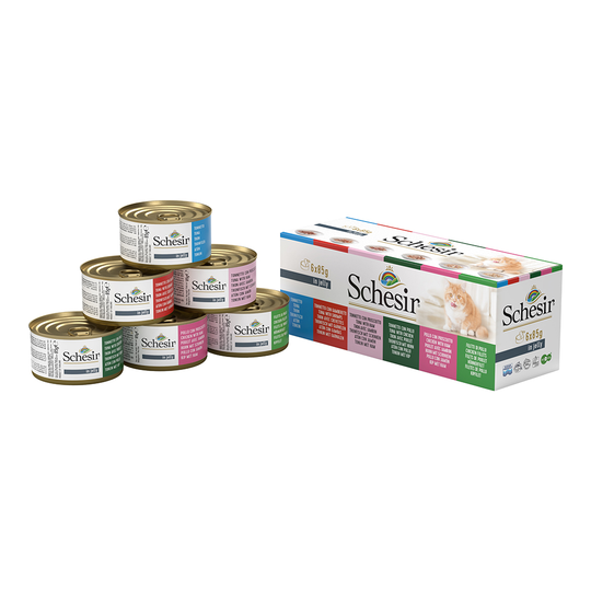 Ekonomipack: Schesir i gelé 24 x 85 g - Blandpack: Kyckling & tonfisk i gelé, 6 sorter