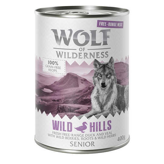 Ekonomipack: Wolf of Wilderness Senior Free Range 24 x 400 g - Senior Wild Hills - Free Range Duck & Veal