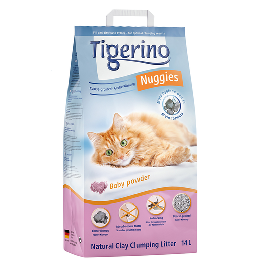 Tigerino Nuggies (Classic) kattströ - Baby Powder, grova korn - Ekonomipack: 2 x 14 l
