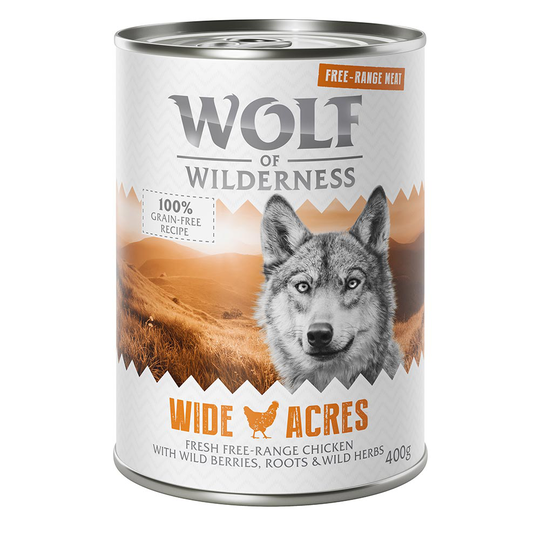Ekonomipack: 24 x 800 g Wolf of Wilderness Free Range Meat - Wide Acres - Free Range Chicken