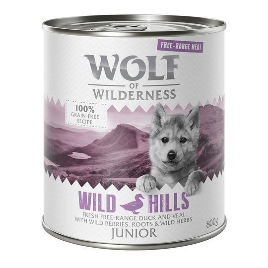 100 kr rabatt! Wolf of Wilderness 24 x 800 g - Junior Wild Hills - Duck & Veal Free Range