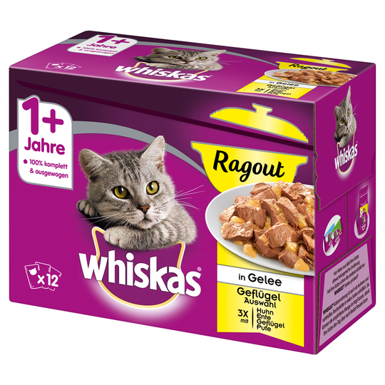Ekonomipack: 96 x 85 / 100 g Whiskas - 1+ Ragout Fjäderfäurval i gelé 85 g