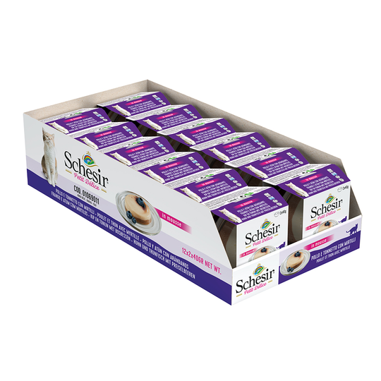 Ekonomipack: Schesir Petit Delice in Mousse 24 x 40 g - Kyckling, tonfisk & blåbär