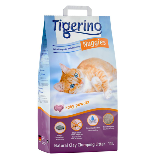 Ekonomipack: 2 x 14 l Tigerino Nuggies kattsand - Babypuderdoft (2x14l)