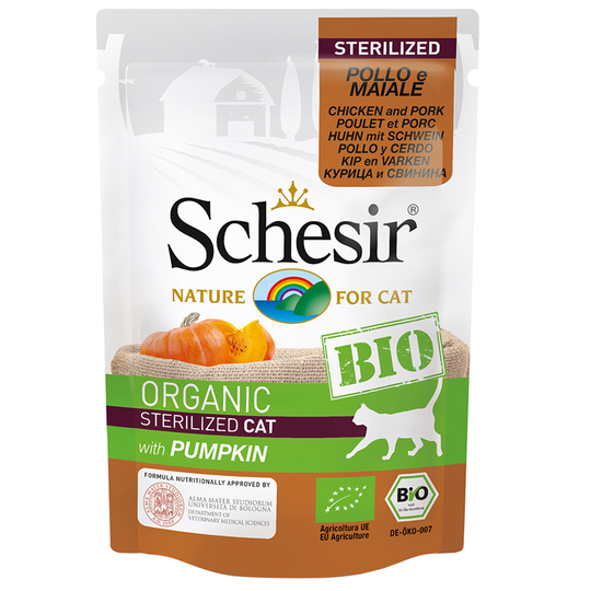 Ekonomipack: Schesir Bio Pouch 24 x 85 g - Sterilized eko kyckling & fläsk med pumpa