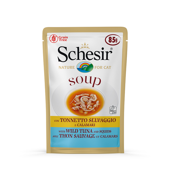 Ekonomipack: Schesir Cat Soup 24 x 85 g - Vild tonfisk och bläckfisk