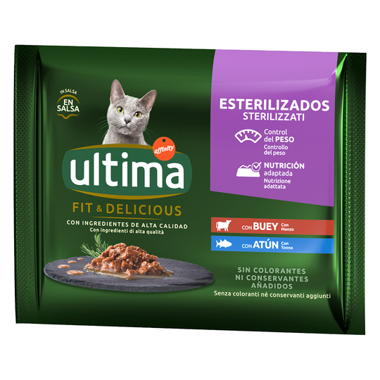 40 + 8 på köpet! 48 x 85 g Ultima Sterilized våtfoder katt - Sterilized: Nötkött & tonfisk
