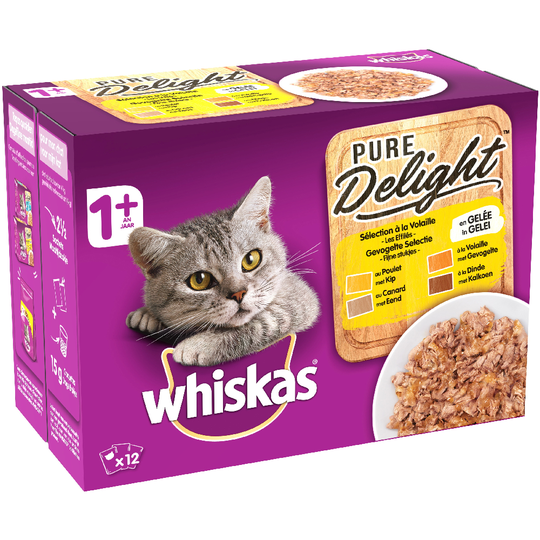 Ekonomipack: Multipack Whiskas 1+ Adult Pouch 48 x 85 g - Pure Delight Fjäderfäurval i gelé