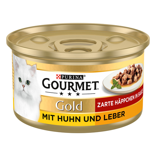 Blandpack Gourmet Gold Bitar i sås 48 x 85 g - Blandpack: kyckling & lever, lax & kyckling