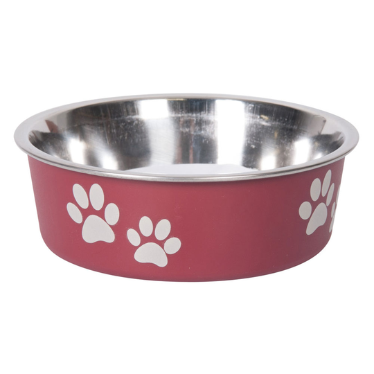 Karlie rostfri hundskål med tassmotiv, mörkröd - 450 ml, Ø 14 cm