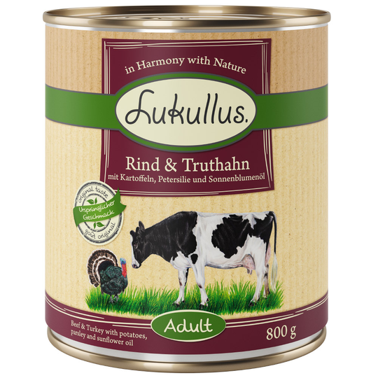 24 x Lukullus Naturkost spannmålsfritt till sparpris! - Adult Nötkött & kalkon (24 x 800g)