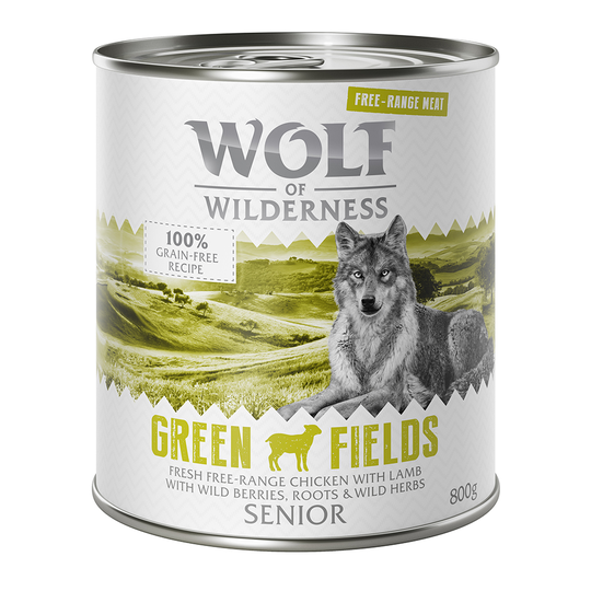 Ekonomipack: Wolf of Wilderness Senior Free Range 24 x 800 g - Senior Green Fields - Lamb & Chicken