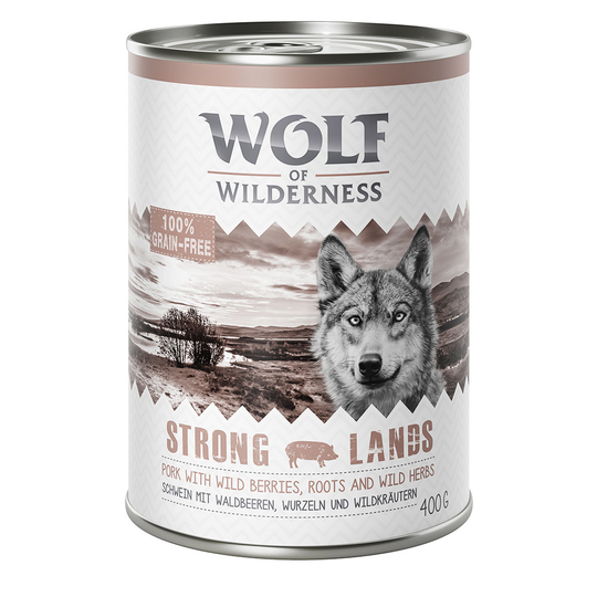 5 + 1 på köpet! 6 x 400 g Wolf of Wilderness våtfoder - Strong Lands - med griskött
