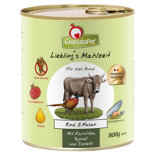 Ekonomipack: GranataPet Liebling's Mahlzeit 12 x 800 g - Nötkött & fasan med morötter, spenat och safflorolja