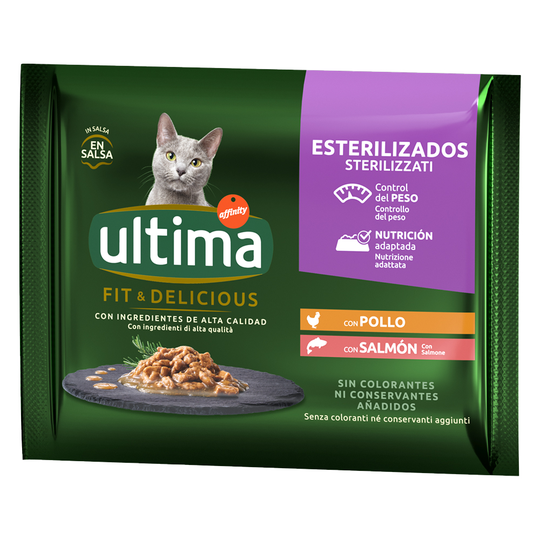40 + 8 på köpet! 48 x 85 g Ultima Sterilized våtfoder katt - Sterilized: Kyckling & lax