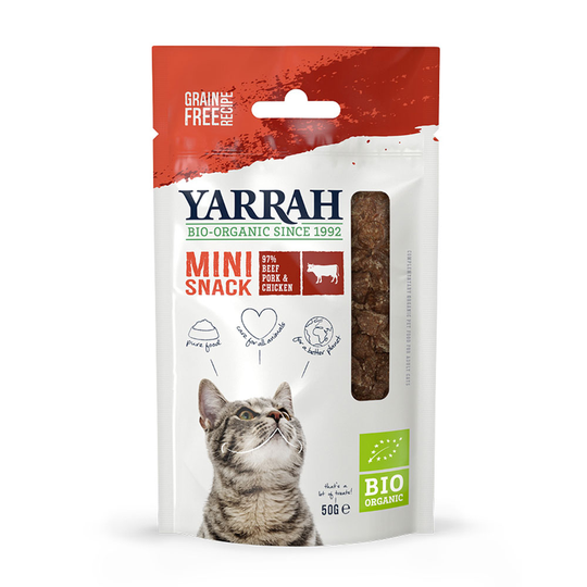 2 + 1 på köpet! 3 x 50 g Yarrah Organic Mini Snack för katter - 3 x 50 g