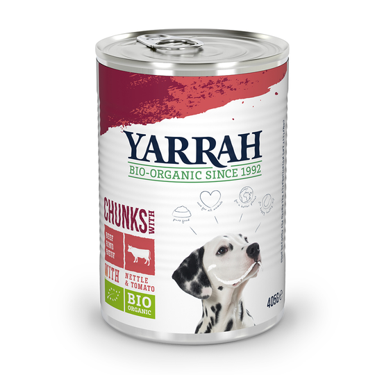 Ekonomipack: Yarrah Organic 12 x 400 g /405 g - Chunk: eko-kyckling, eko-nötkött, eko-nässlor & eko-tomater (12 x 405 g)