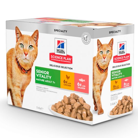 24 x 85 g Hill's Science Plan kattmat till kanonpris! - Mature Adult 7+ Senior Vitality: Chicken & Salmon