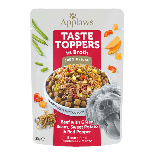 Applaws våtfoder för hund till sparpris! - Taste Toppers Pouch i buljong: Nötkött med gröna bönor, sötpotatis & röd paprika (12 x 85 g portionspåse)