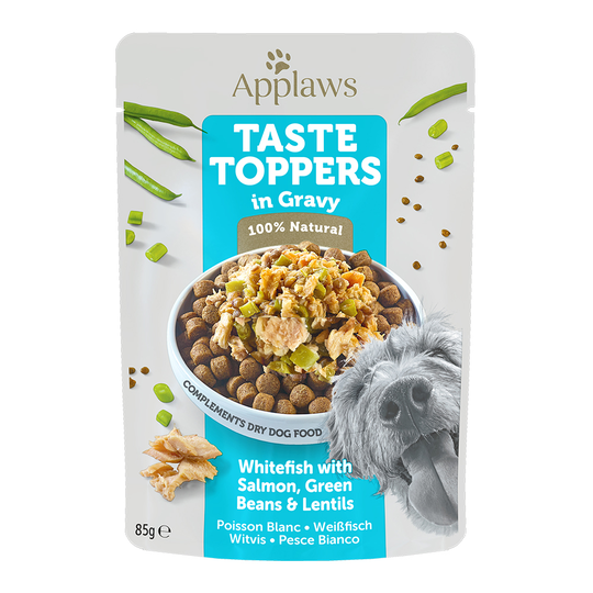 Applaws våtfoder för hund till sparpris! - Taste Toppers Pouch in Soße: Vitfisk, lax, gröna bönor & linser (12 x 85 g portionspåse)
