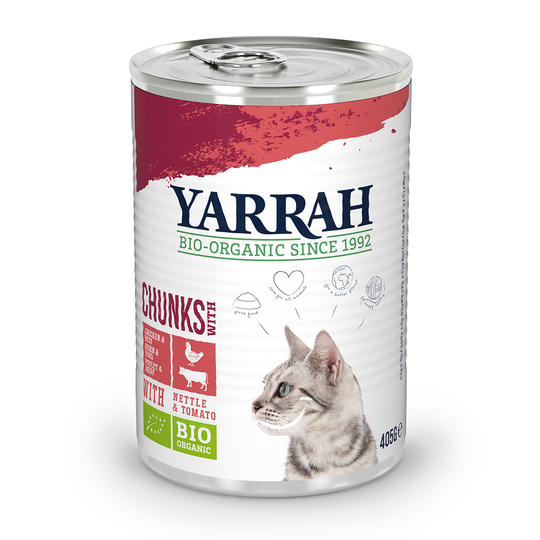 Yarrah Organic Chunks 1 x 405 g - Eko-kyckling & eko-nötkött med eko-nässlor & eko-tomater