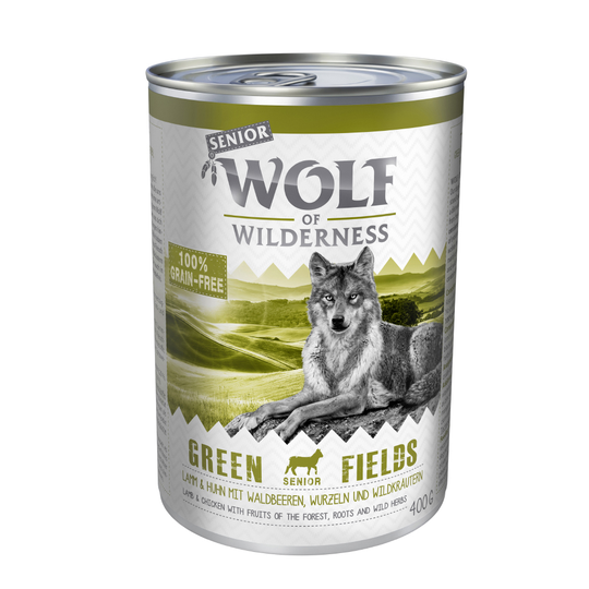 Ekonomipack: Wolf of Wilderness Senior 24 x 400 g - Green Fields - Lamb & Chicken